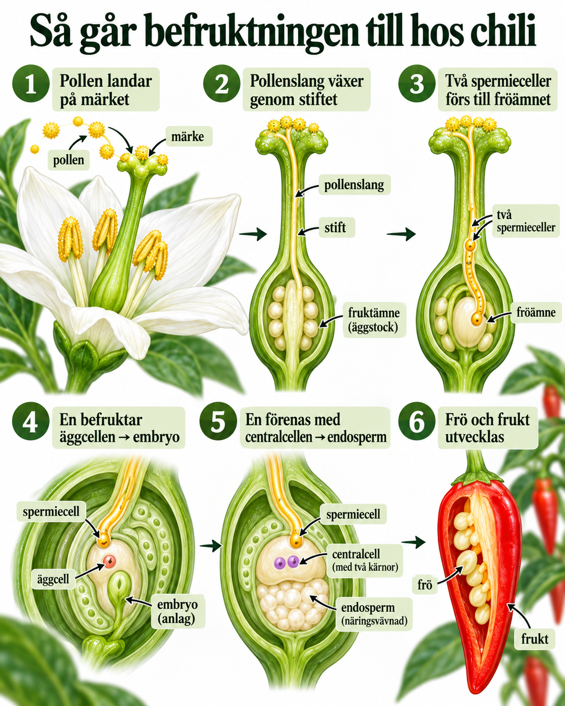 Sex steg i chilins dubbla befruktning, från pollen på pistillens märke via pollenslang och två spermieceller till embryo, endosperm, frö och frukt.