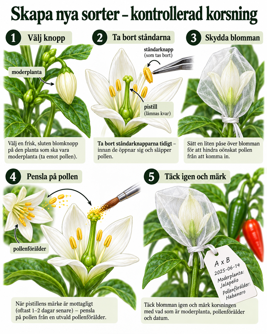 Fem illustrerade moment för kontrollerad korspollinering hos chili: välj knopp, avlägsna ståndare, skydda blomman, tillför pollen med pensel och märk upp korsningen.