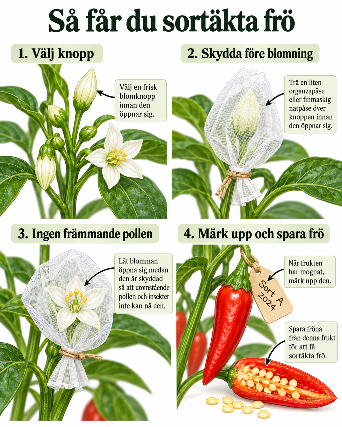 Fyra illustrerade steg för sortäkta chilifrö: välj knopp, skydda före blomning, hindra främmande pollen samt märk och spara frö från mogen frukt.