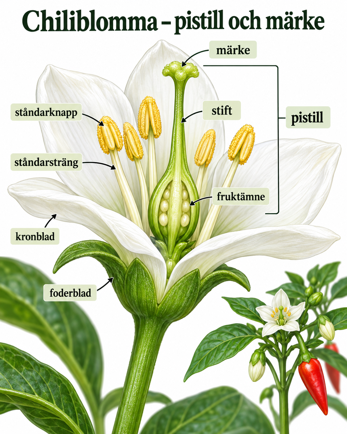 Botanisk illustration av en vit chiliblomma med utmärkta ståndarknappar, ståndarsträngar, pistill, märke, stift, fruktämne, kronblad och foderblad.