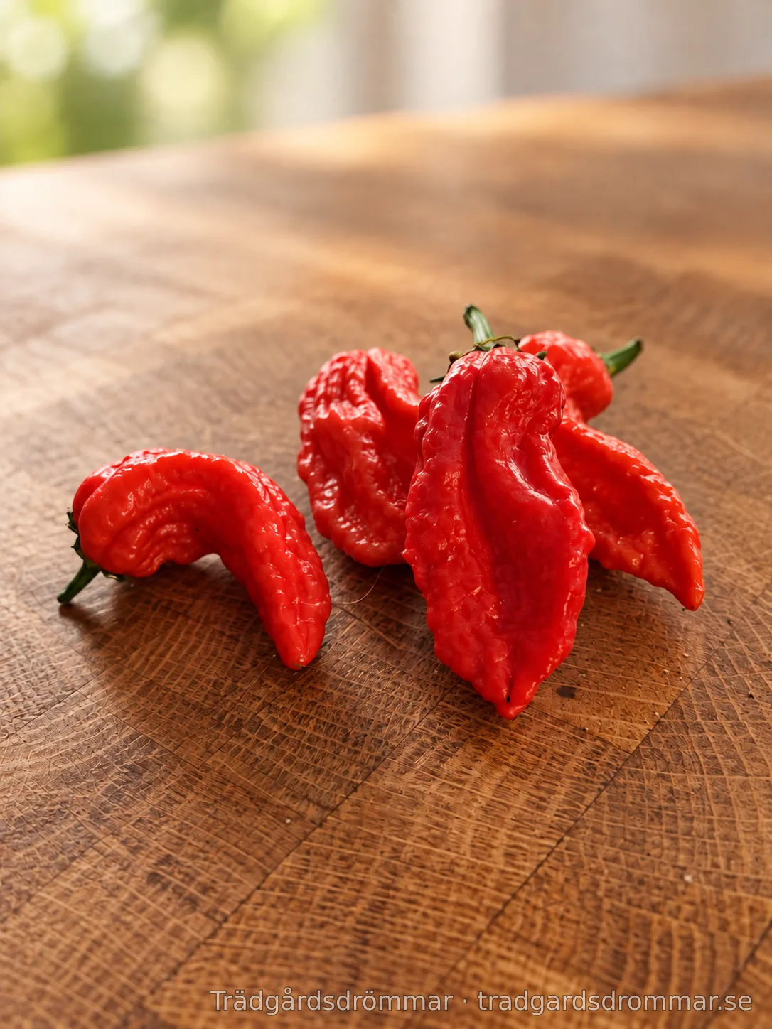 Röda Bhut Jolokia Red-frukter på en träyta