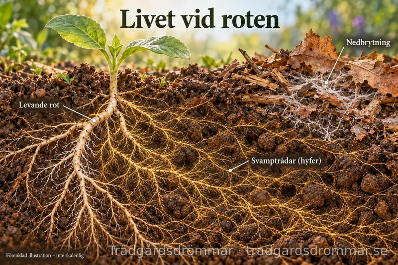 Illustration av en levande rot med svamptrådar och separat nedbrytning av växtrester vid markytan.