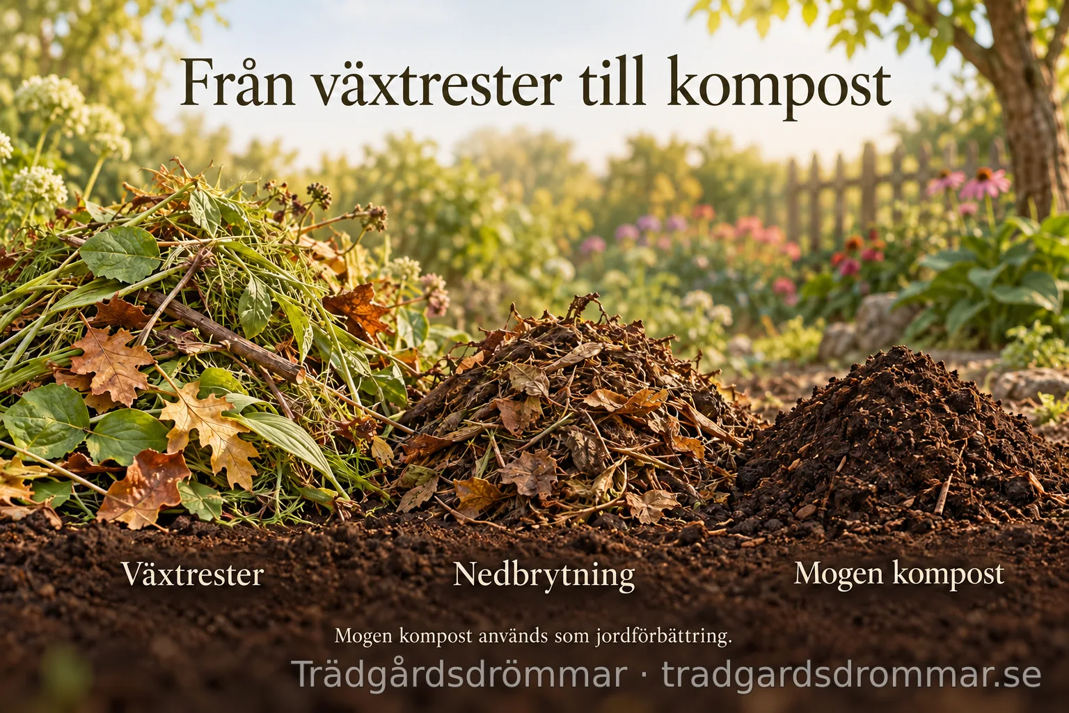 Illustration med färska växtrester, delvis nedbrutet material och mogen smulig kompost.