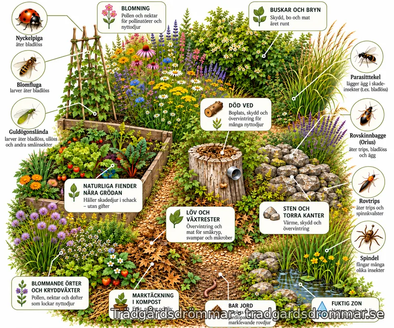 Illustration över blomning, död ved, löv, stenar, vatten och olika nyttodjur
