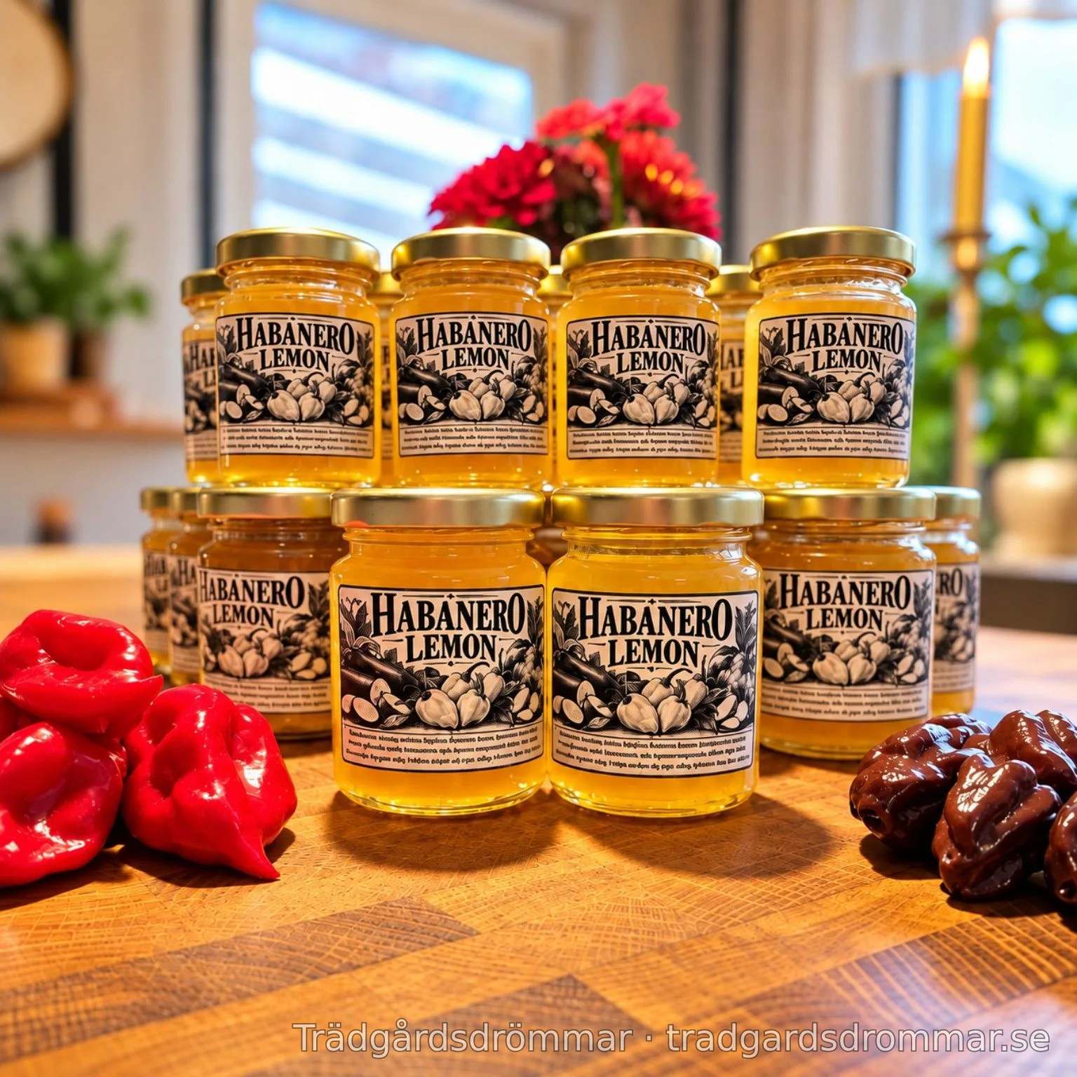 Burkar med marmelad på en träyta, omgivna av chilifrukter