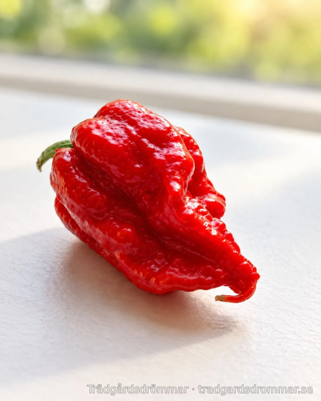 Röd skrynklig chilifrukt på en ljus yta