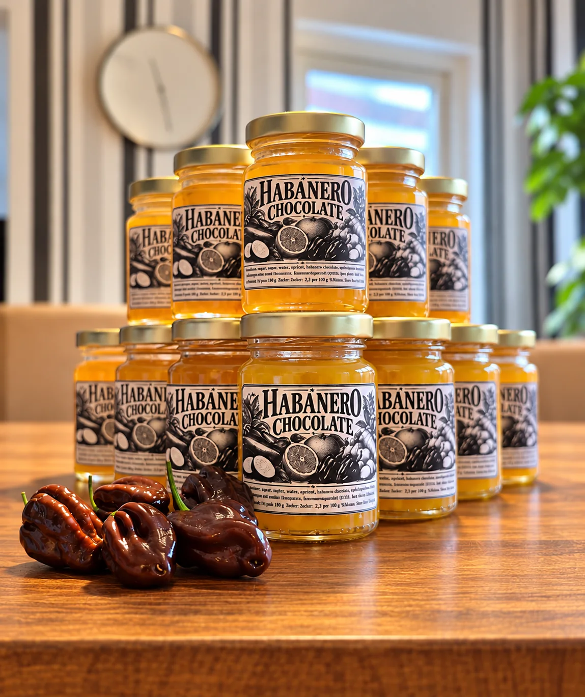 Burkar med Habanero Chocolate-marmelad och mörkbruna chilifrukter