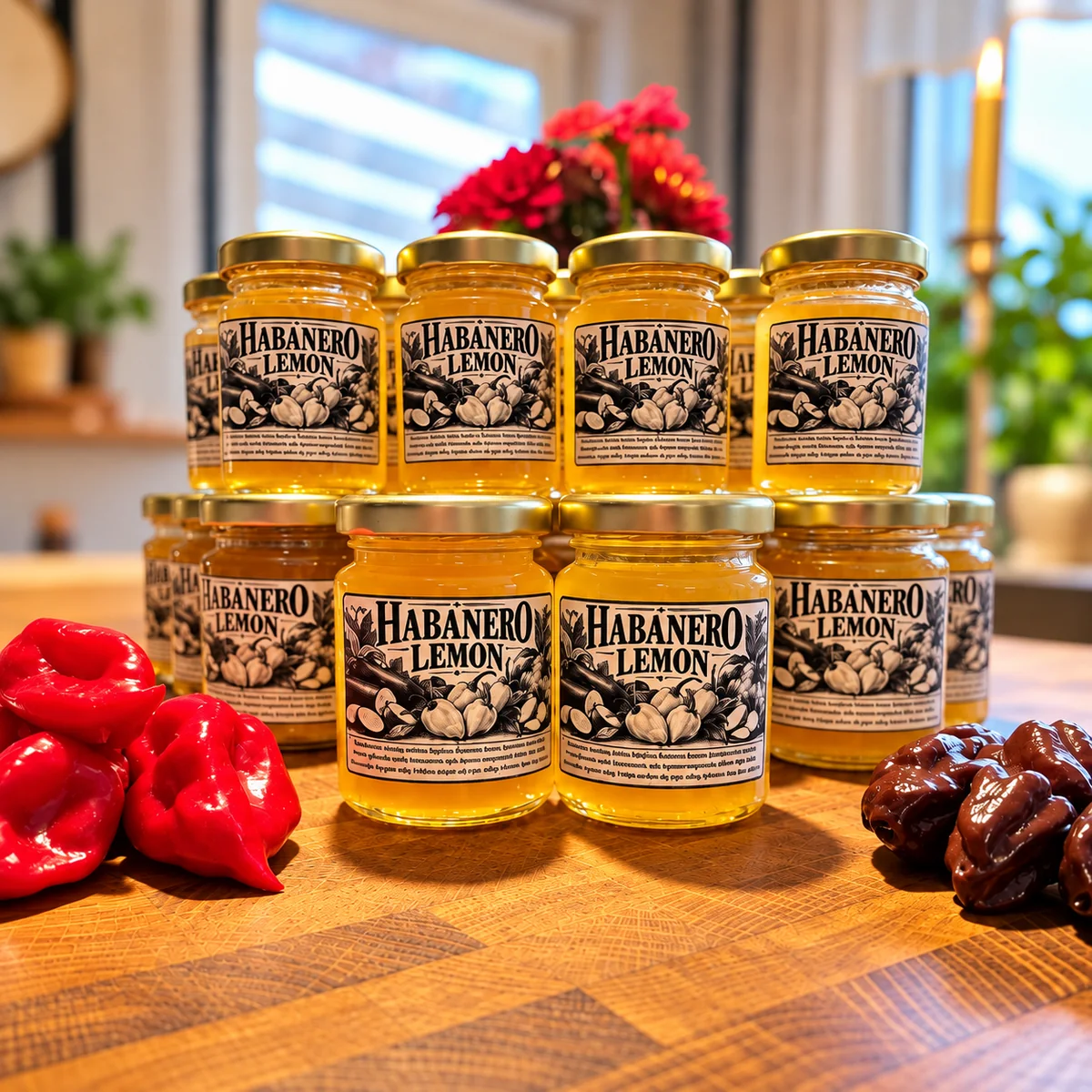 Burkar med Habanero Lemon-marmelad tillsammans med chili på träbord